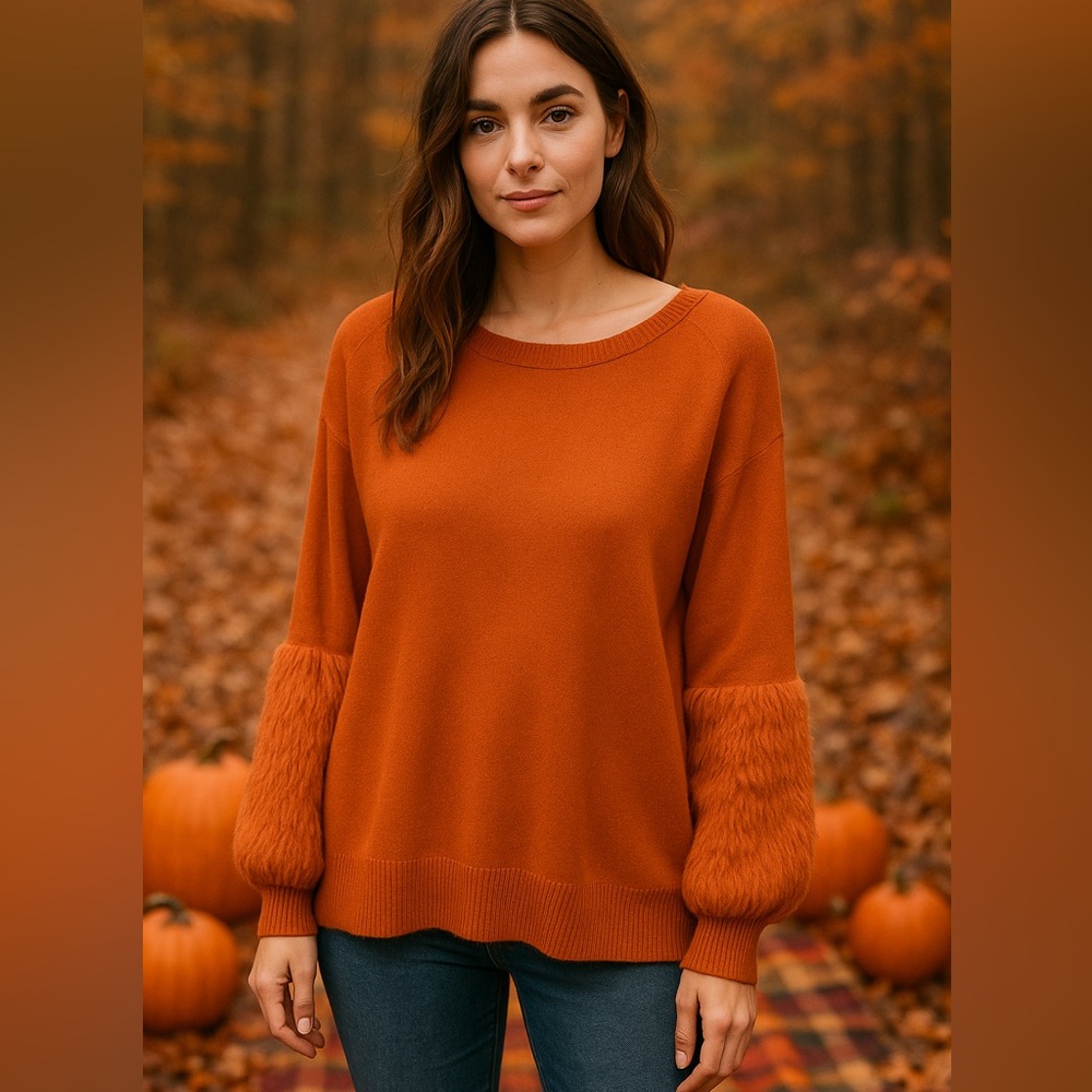 Anthropologie Boho Burnt Orange Sweater Women’s Small Faux Fur Balloon Sleeves